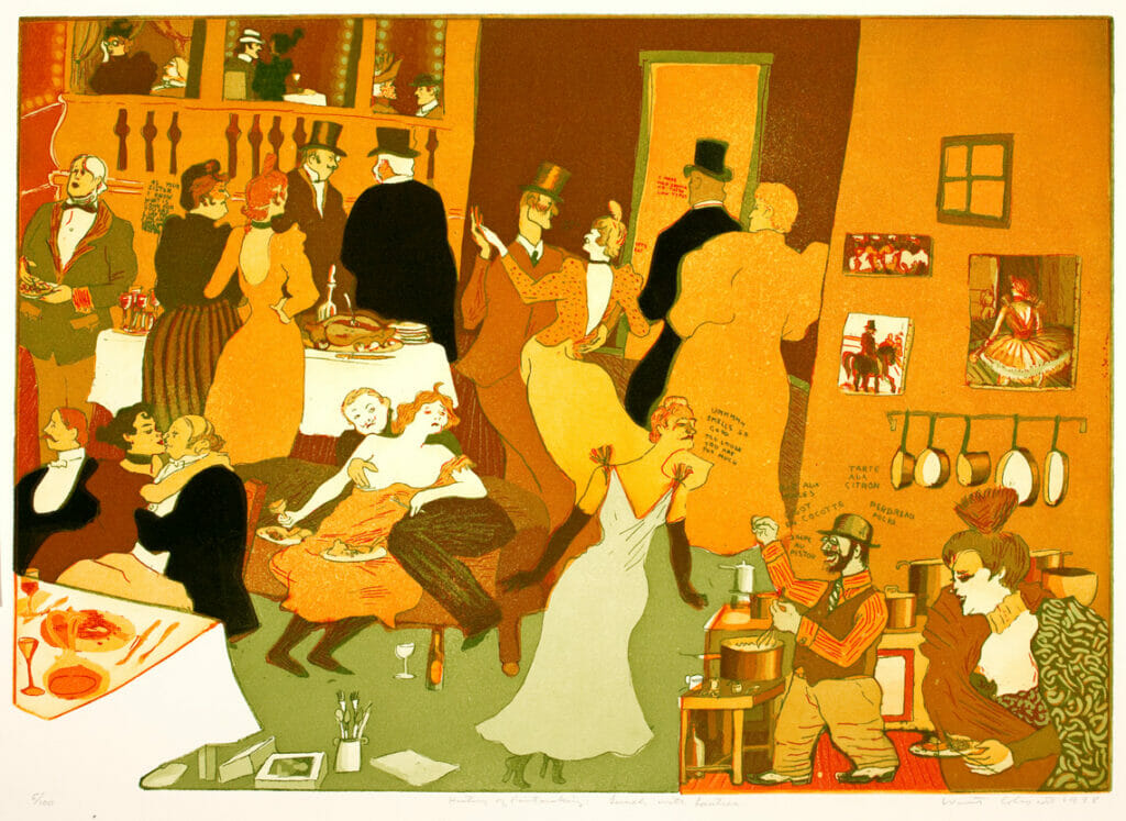 The History of Printmaking: Lunch with Lautrec. Artist: Warrington Colescott. Date: 1978. Medium: soft-ground etching and aquatint, with relief rolls through stencils.