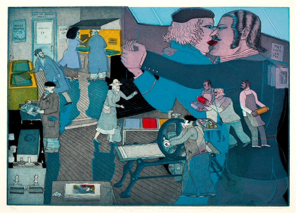 History of Printmaking: S.W. Hayter Discovers Viscosity Printing. Artist: Warrington Colescott. Date: 1977. Medium: soft-ground etching and aquatint, with vibrograver, and relief rolls through stencils.