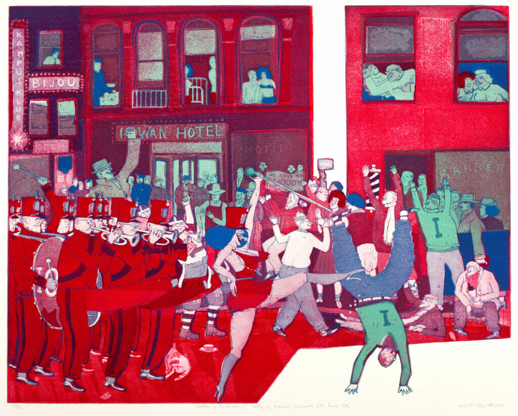 The History of Printmaking: The Entry of Mauricio Lasansky into Iowa City. Artist: Warrington Colescott. Date: 1976. Medium: Soft-ground etching, drypoint, and aquatint, with vibrograver, and relief rolls through stencils.