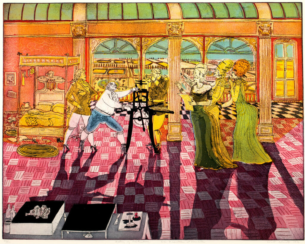 History of Printmaking: Ben Franklin at Versailles. Artist: Warrington Colescott. Date: 1976. Medium: Soft-ground etching and aquatint, with vibrograver, and relief rolls through stencils.