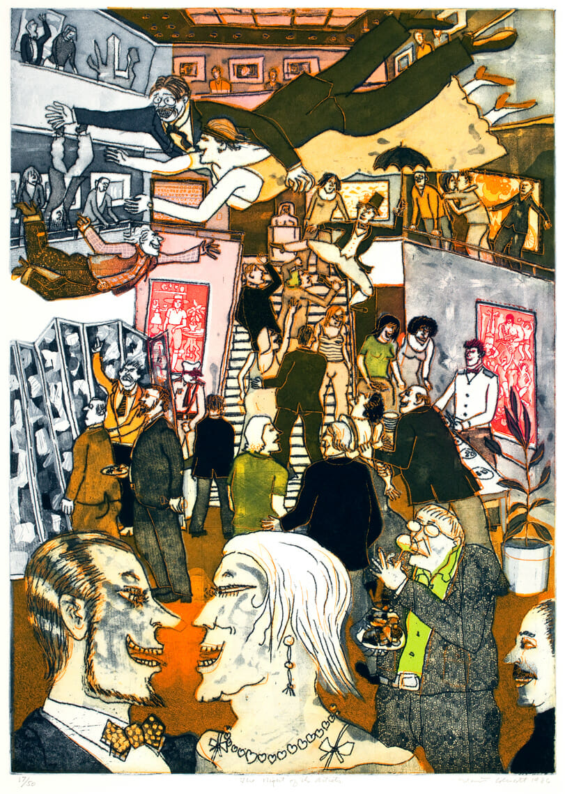 Night of the Artists. Artist: Warrington Colescott. Date: 1986. Medium: Soft-ground etching, spit-bite and aquatint, with à la poupée inking, on paper.