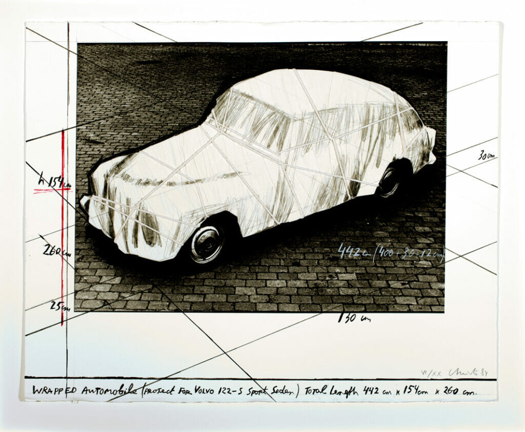 Wrapped Automobile, Project for Volvo 122-S Sport Sedan. Artist: Christo and Jeanne-Claude. Date: 1984. Medium: lithograph with collage of fabric and twine.