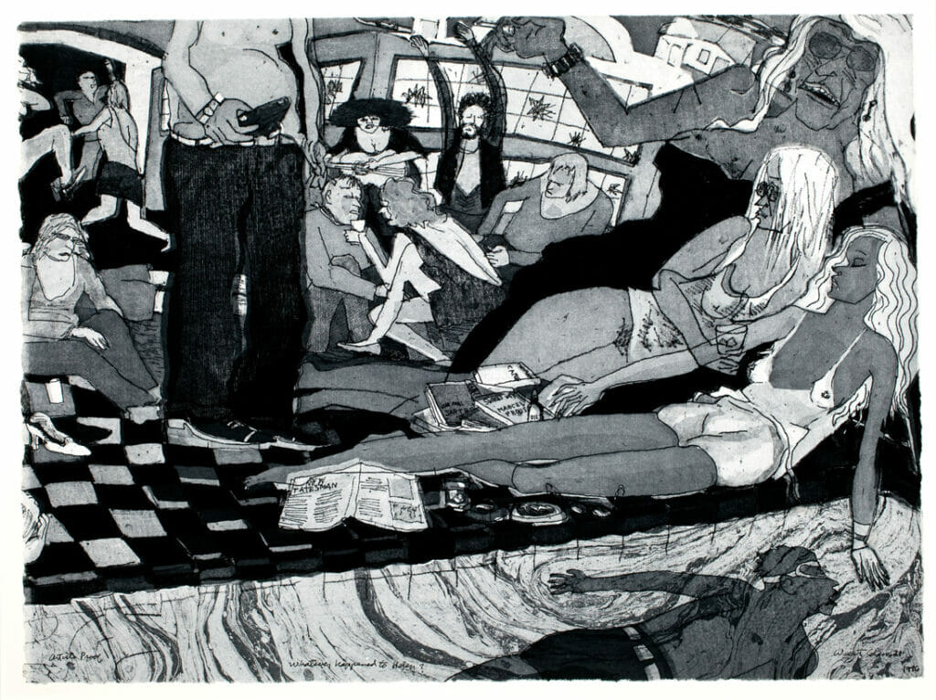 Whatever Happened to Helen?. Artist: Warrington Colescott. Date: 1996. Medium: Soft-ground etching, drypoint, aquatint, and marbling.