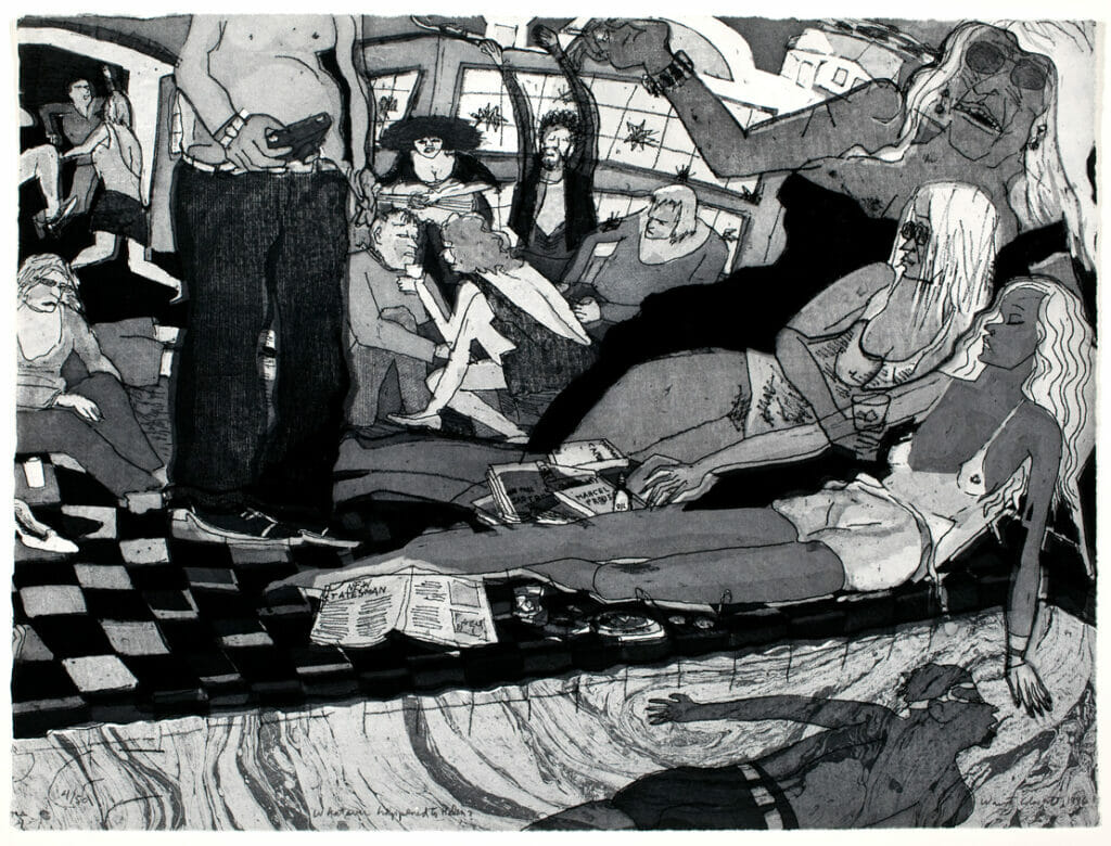 Whatever happened to Helen?. Artist: Warrington Colescott. Date: 1996. Medium: soft-ground etching, drypoint, aquatint, and marbling.