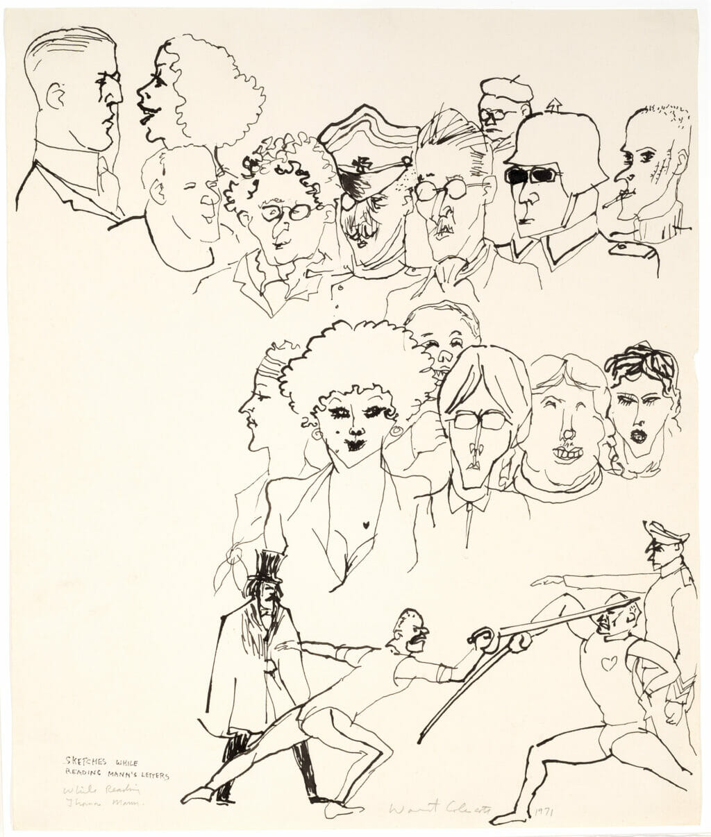 Sketches While Reading Thomas Mann’s Letters. Artist: Warrington Colescott. Date: 1971. Medium: pen and ink.