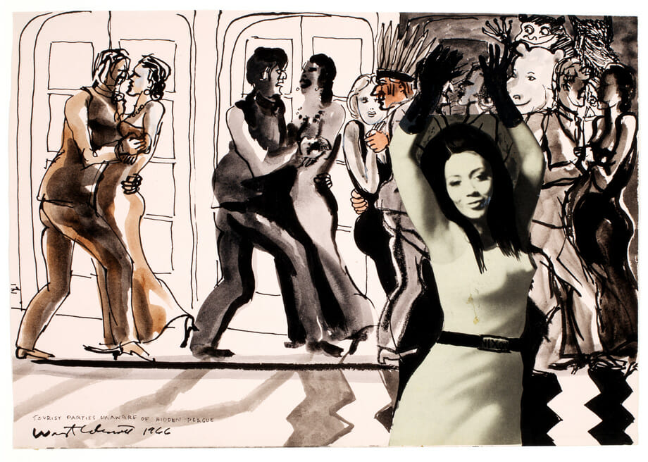 Tourist Parties Unaware of Hidden Plague. Artist: Warrington Colescott. Date: 1966. Medium: pen and ink, watercolor wash, and gouache with collage.