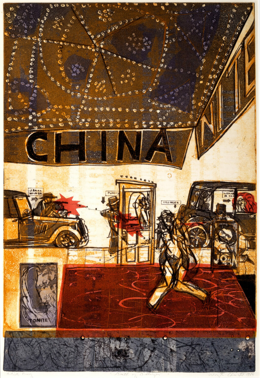 The Death of Dillinger. Artist: Warrington Colescott. Date: 1964. Medium: hard-ground and soft-ground etching, aquatint, drypoint, with relief rolls through stencils in brown, red, orange, blue and black.