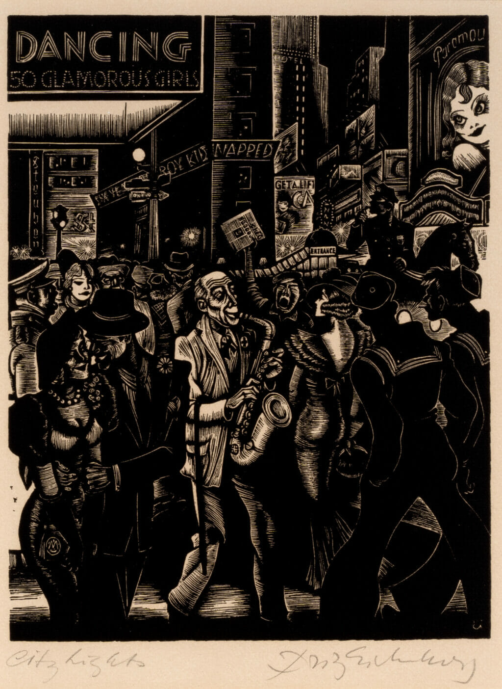 City Lights. Artist: Fritz Eichenberg. Date: 1934. Medium: wood engraving on paper.