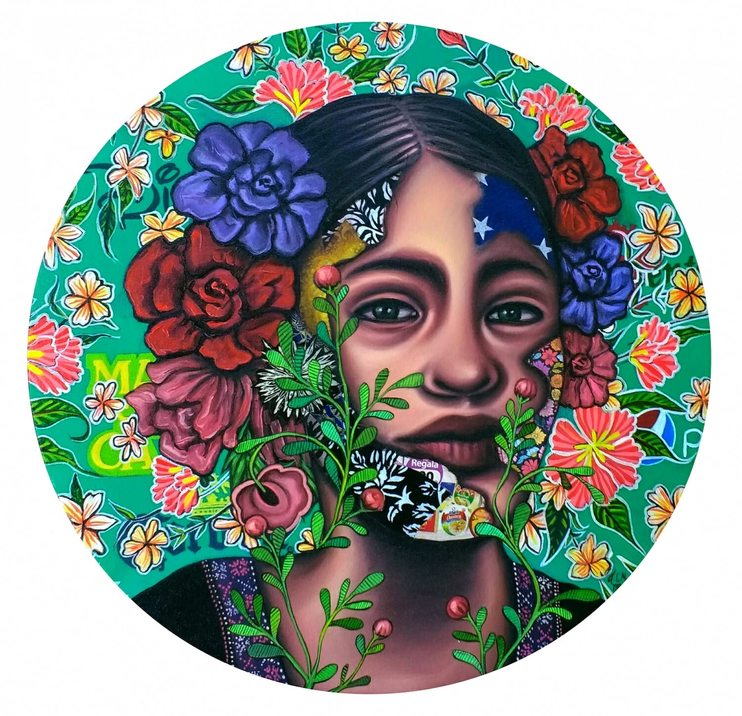 mixed media on a round canvas depicting a woman whose head is partially covered with flowers