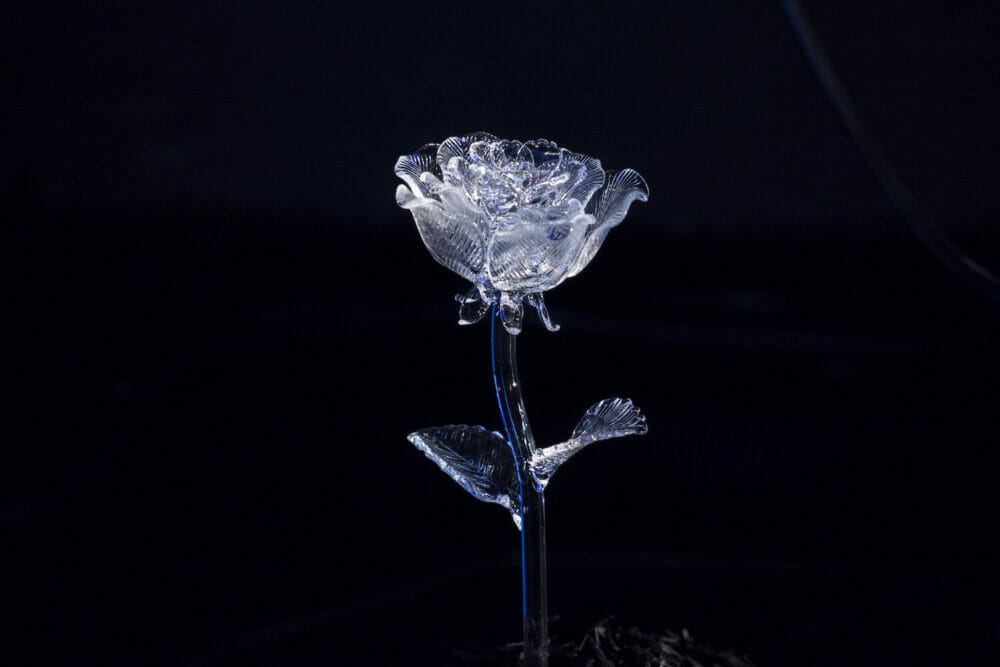 close up of a glass rose with striped indentations across the petals and the leaves