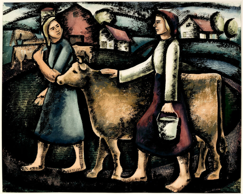 Milking Time. Artist: Florence Kawa. Medium: watercolor on paper.