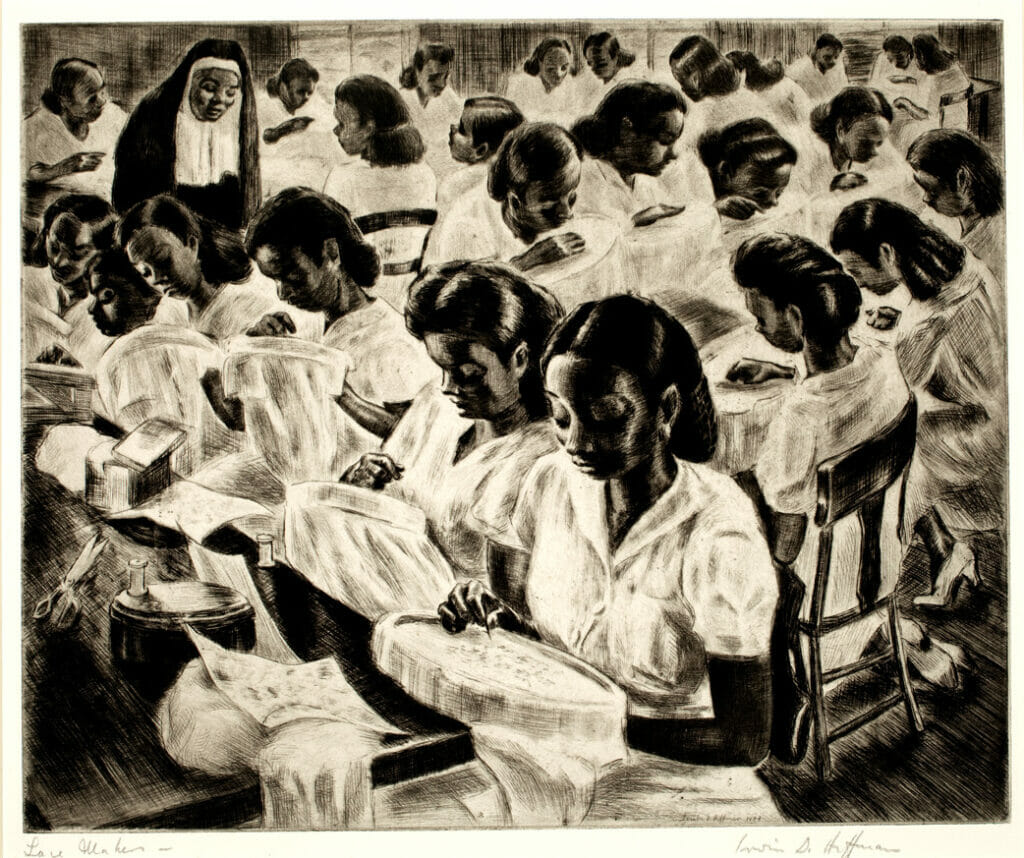 Lace Makers, Puerto Rico. Artist: Irwin D. Hoffman. Medium: etching.