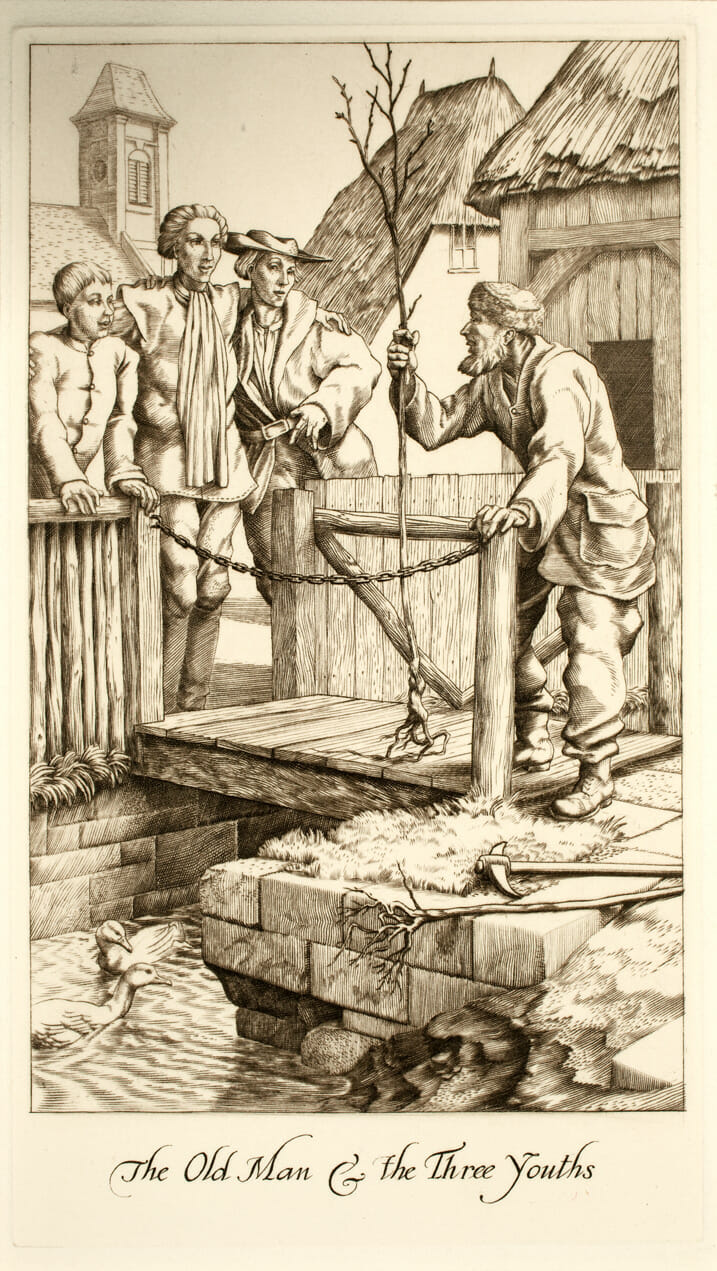 The Old Man and the Three Youths. Artist: Stephen Gooden. Date: 1930. Medium: line engraving.