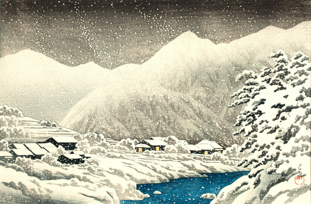 In the Snow, Nakayama-shichiri Road, Hida. Artist: Hasui Kawase. Date: 1924. Medium: woodblock.