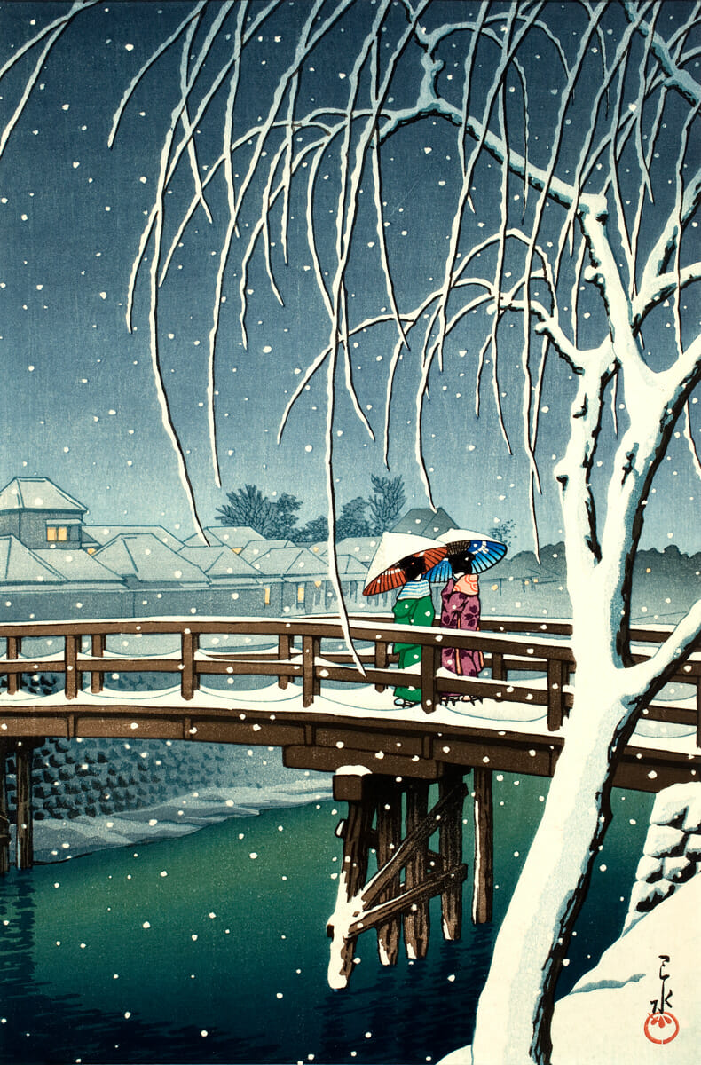 Evening Snow, Edo River. Artist: Hasui Kawase. Date: 1932. Medium: woodblock.