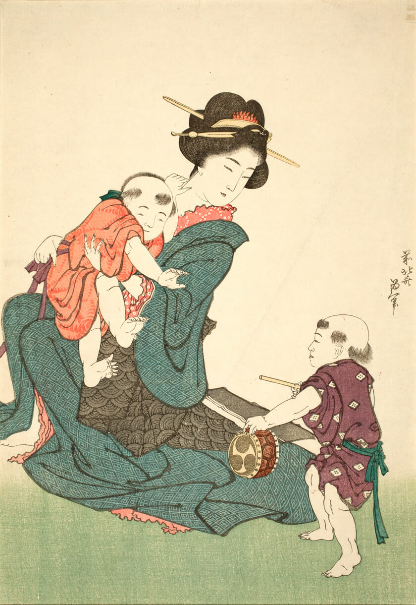 Woman and Two Children. Artist: Hokusai Katsushika. Medium: woodblock.