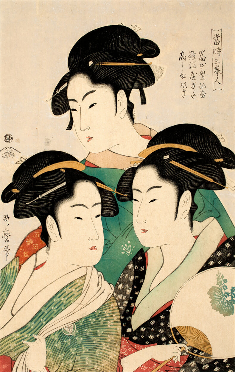 Three Celebrated Beauties (O-kita, O-hisa, Toyohina). Artist: Kitagawa Utamaro. Medium: woodblock and mica.