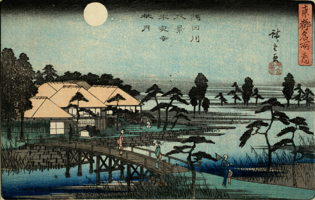 Sumida River – Eight Views Autumn Moon at Mokujobi. Artist: Utagawa Hiroshige. Medium: woodblock.