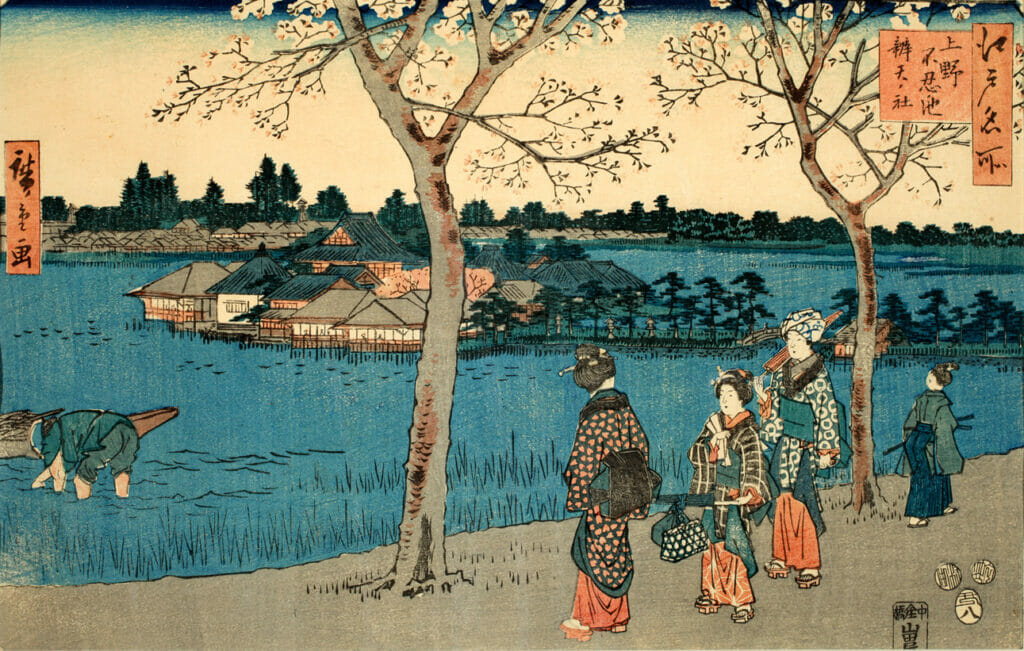 Lake Shinobadzu and Temple Benton, Edo. Artist: Utagawa Hiroshige. Medium: woodblock.