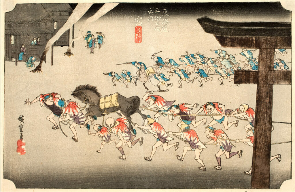 Miya: Festival at Shrine Atsota. Artist: Utagawa Hiroshige. Medium: woodblock.