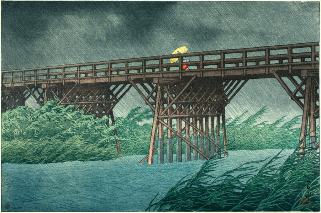 Evening Shower at Imai Bridge. Artist: Hasui Kawase. Date: 1932. Medium: woodblock.