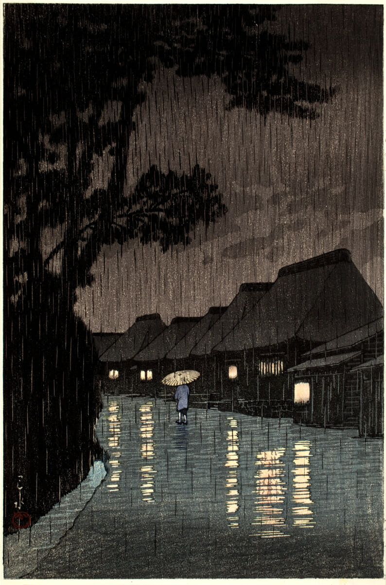 Rain in Maekawa, Soshu. Artist: Hasui Kawase. Date: 1932. Medium: woodblock.