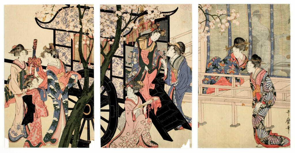 A Lady Descending from Her Carriage (The Visit). Artist: Kitagawa Utamaro. Medium: woodblock.