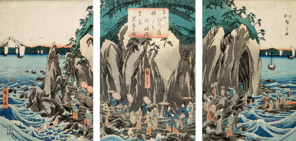 Pilgrims to the Shrine at Enoshima. Artist: Utagawa Hiroshige. Date: 1851. Medium: woodblock.