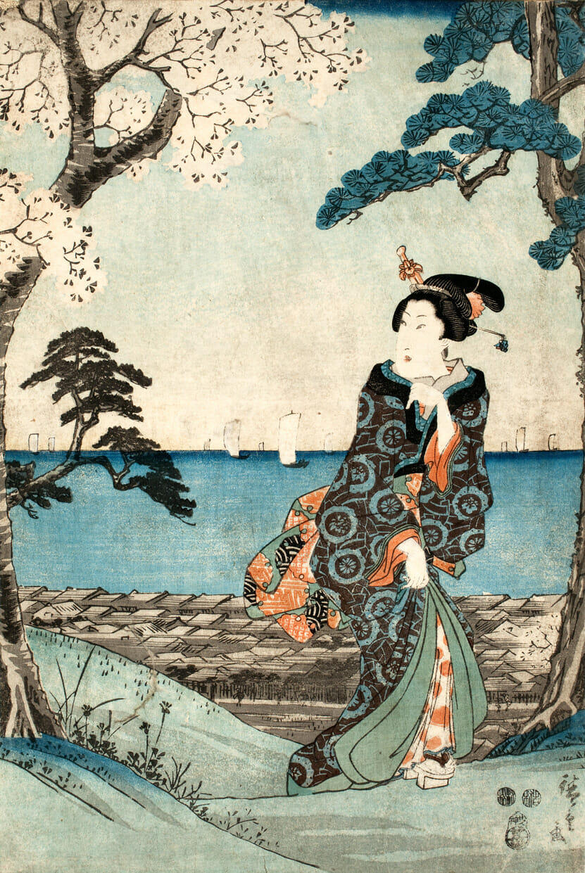 Beauties and Cherry Blossoms at Gotenyama. Artist: Utagawa Hiroshige. Medium: woodblock.