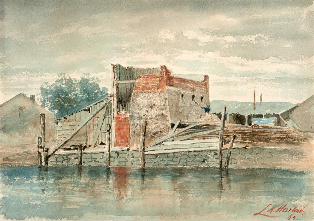 Waterfront. Artist: Louis K. Harlow. Date: 1883. Medium: watercolor.