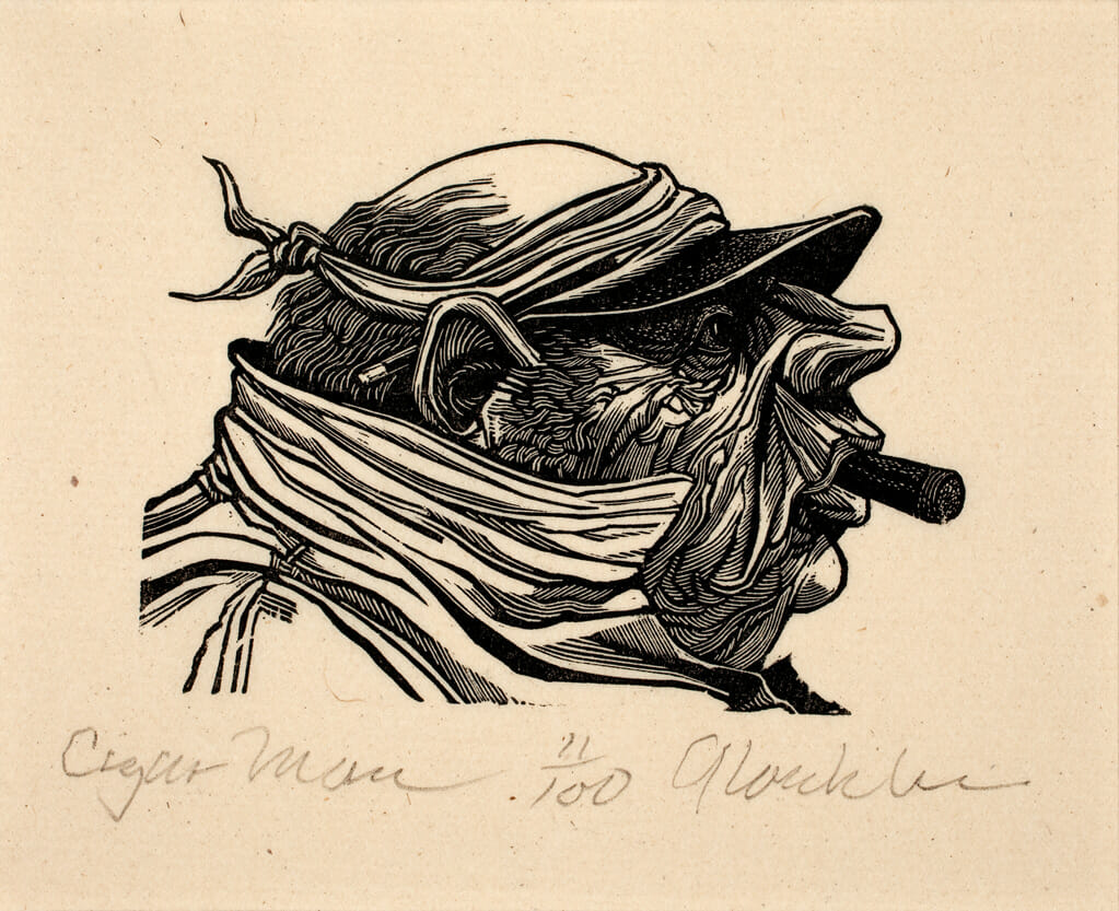 Cigar Man. Artist: Raymond Gloeckler. Medium: woodcut.