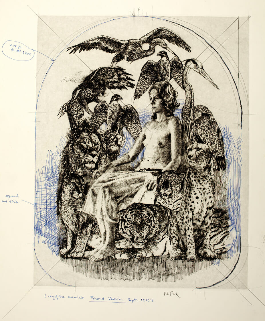 Lady of the Animals. Artist: Herbert L. Fink. Date: 1976. Medium: Photo-etching from ink drawing; printed in black ink with surface tone..