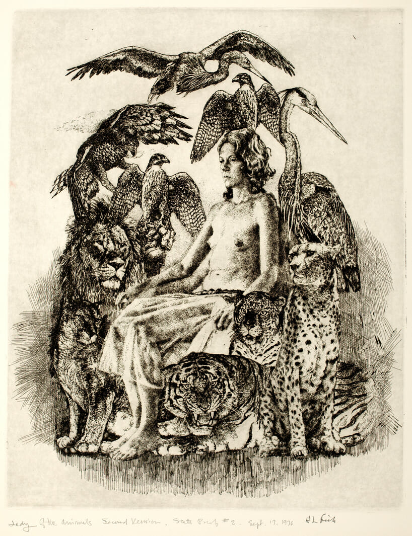 Lady of the Animals. Artist: Herbert L. Fink. Date: 1976. Medium: photo-etching from ink drawing; printed in black with surface tone.