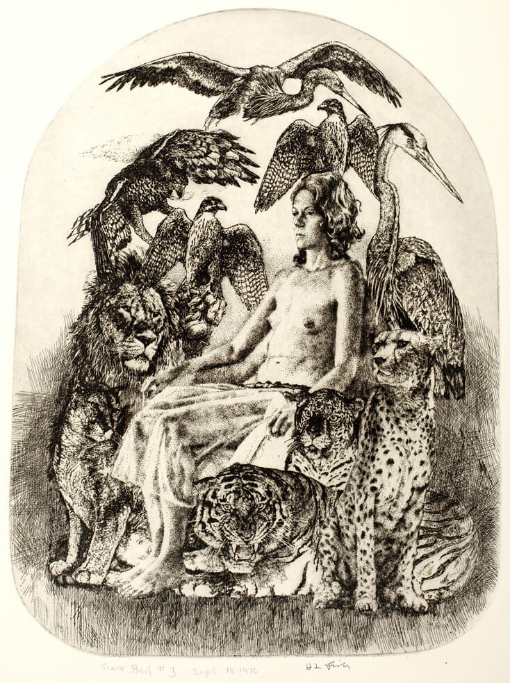 Lady of the Animals. Artist: Herbert L. Fink. Date: 1976. Medium: photo-etching from ink drawing; printed in black with surface tone.