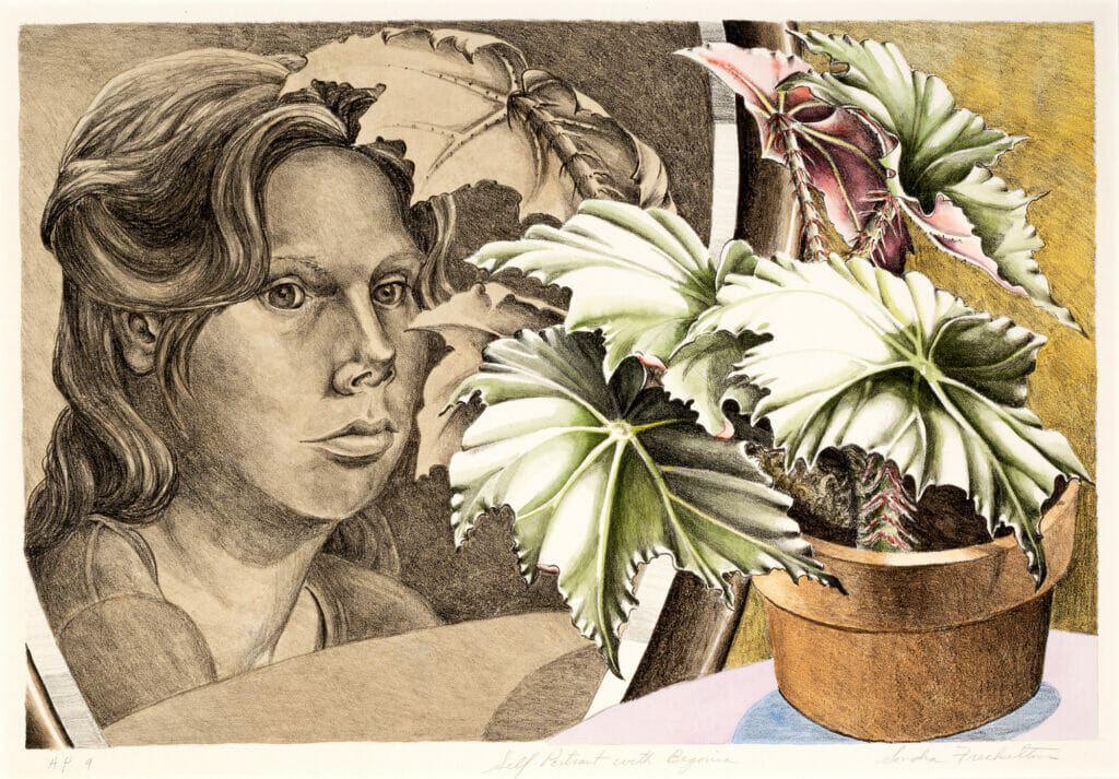 Self-Portrait with Begonias. Artist: Sondra Freckelton. Date: 1973. Medium: hand-colored lithograph on paper.