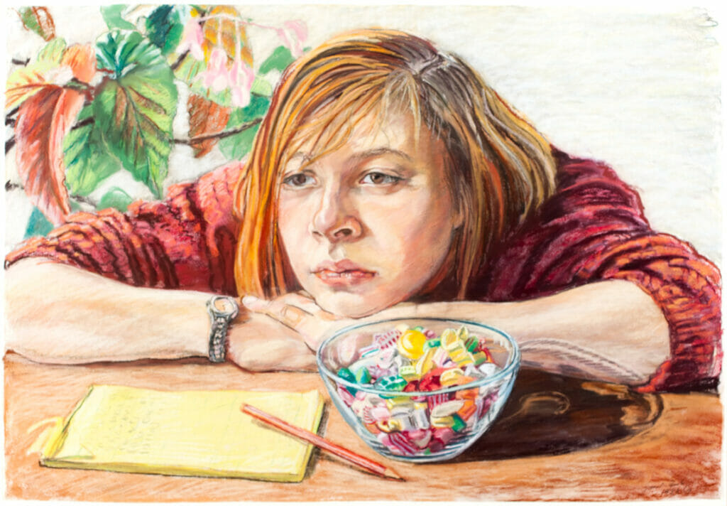 Sasha with a Bowl of Candy. Artist: Janet Fish. Date: 1983. Medium: pastel on paper.