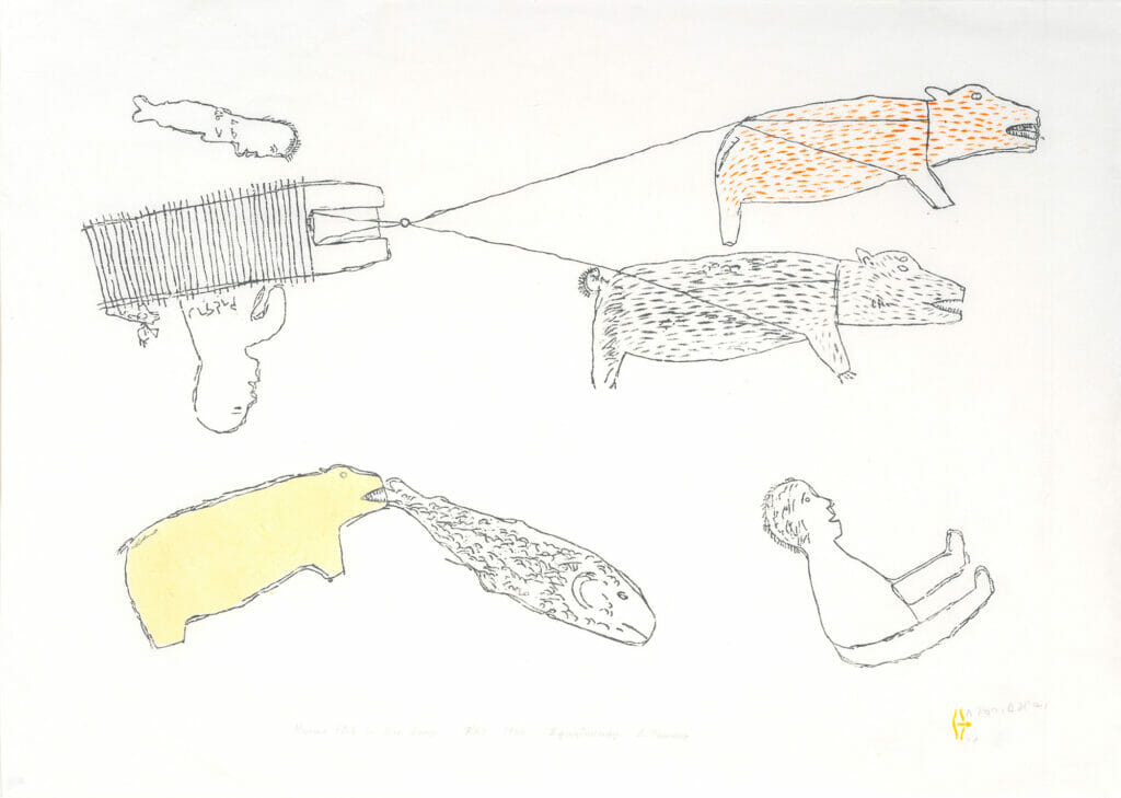 Human Fish in Our Camp. Artist: Bessie Scottie Iquginnaaq. Date: 1985. Medium: stonecut and stencil.