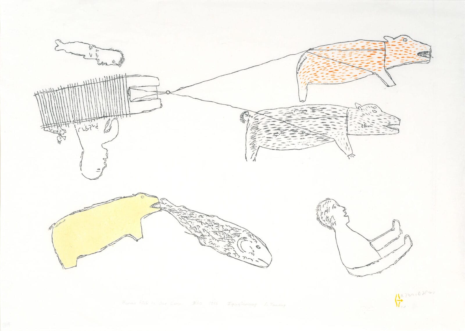 Human Fish in Our Camp. Artist: Bessie Scottie Iquginnaaq. Date: 1985. Medium: stonecut and stencil.