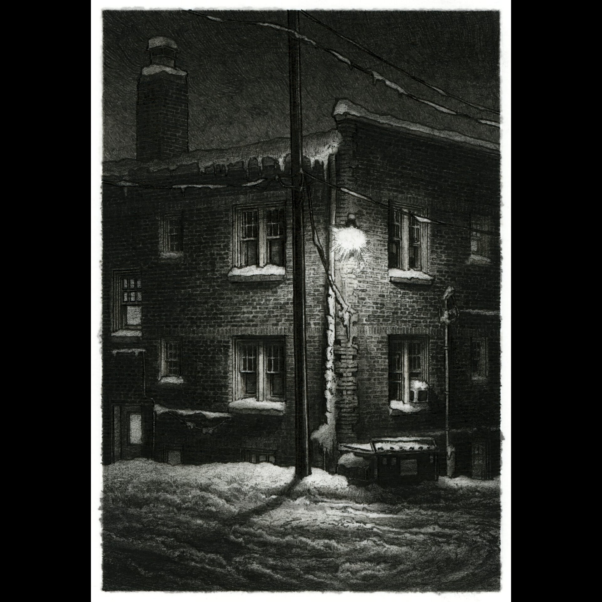 A black and white drawing of a building illuminated by a single light.