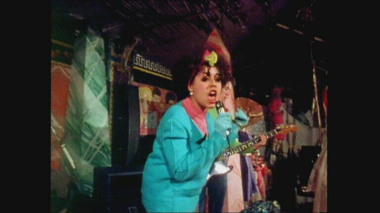 Singer Poly Styrene singing into a microphone on stage, wearing a suit blazer or jacket