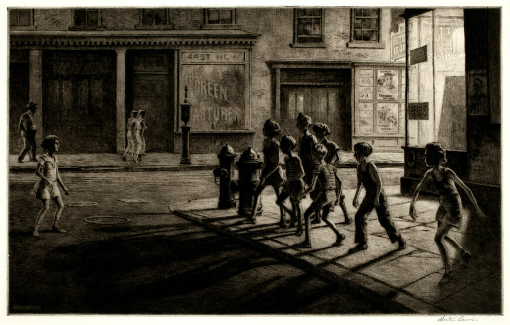 The Bedford Street Gang. Artist: Martin Lewis. Date: 1936. Medium: drypoint and sandpaper ground on paper.