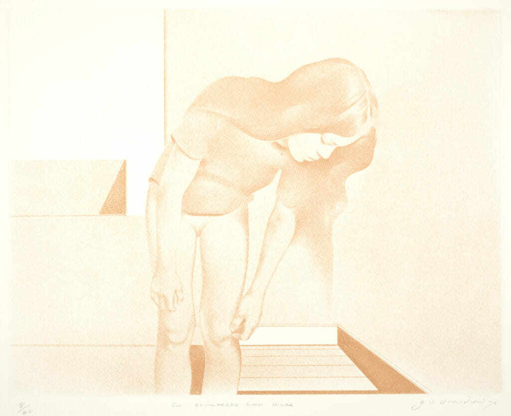 Lo Scratches Her Knee. Artist: Graham Ovenden. Date: 1974. Medium: aquatint.