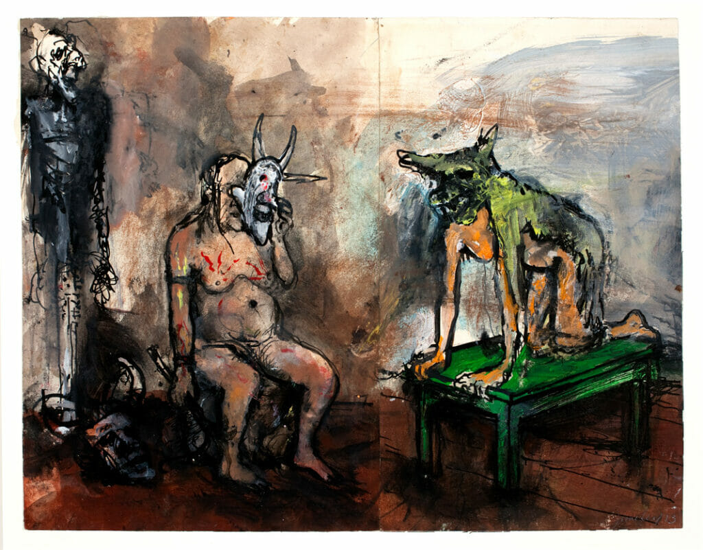 Figures Trying on Masks and Skins. Artist: June Leaf. Date: 1973. Medium: watercolor.