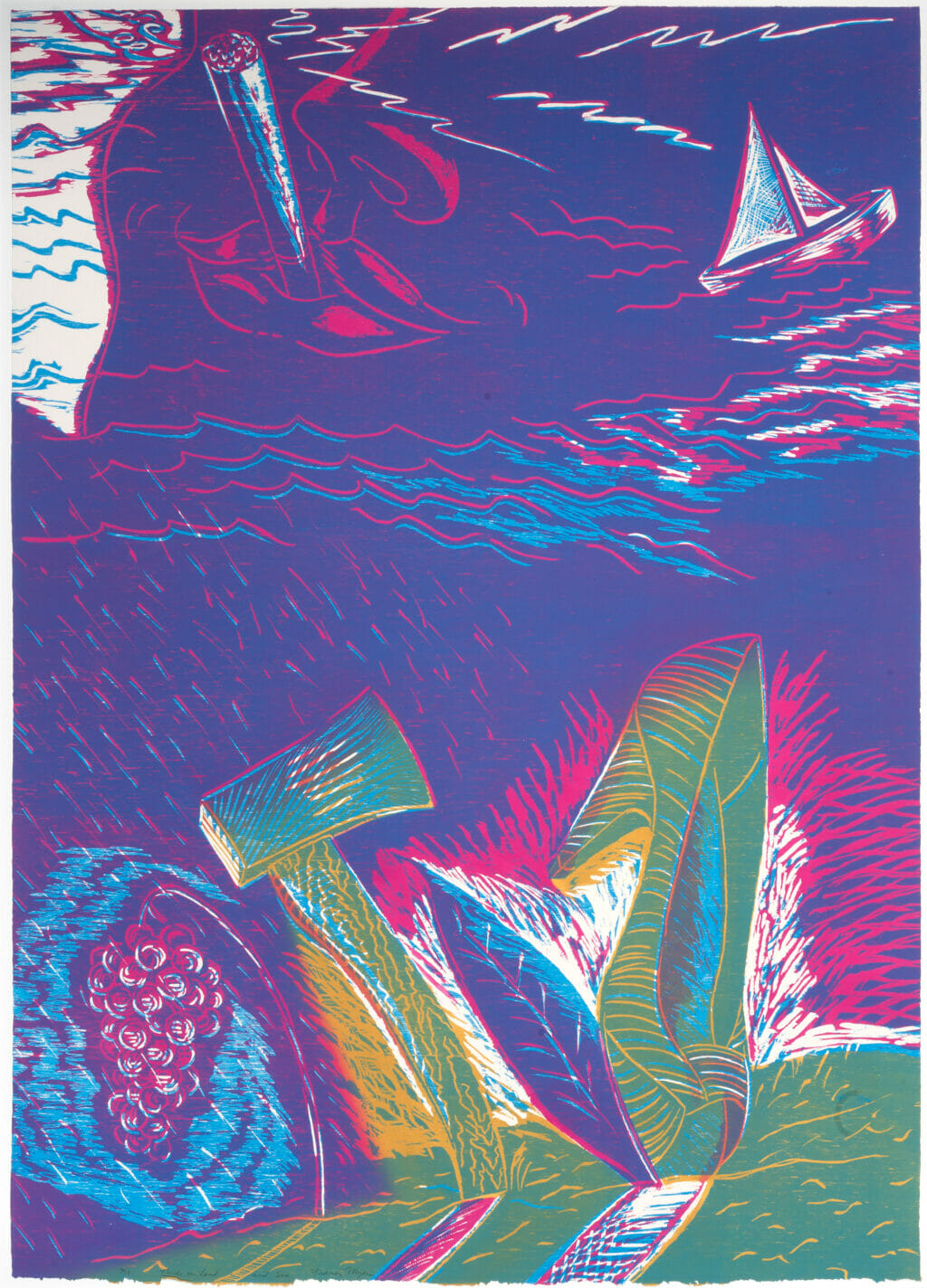 Pericles on Land and Sea. Artist: Frances Myers. Date: 1988. Medium: woodcut.