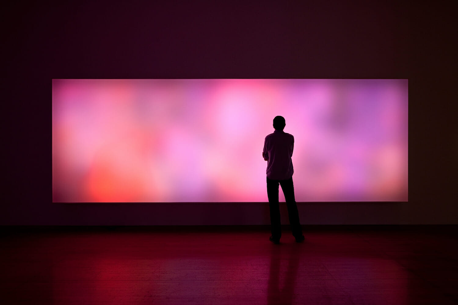 installation view of "Leo Villareal" showing a visitor standed in a darkly lit room with light artworks on the wall