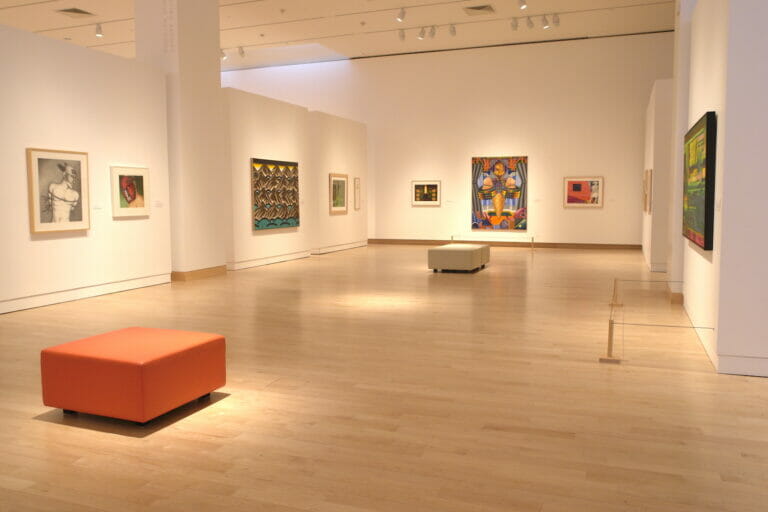 installation view of "Hairy Who" featuring various canvas artworks hanging on the wall, surrounding the room