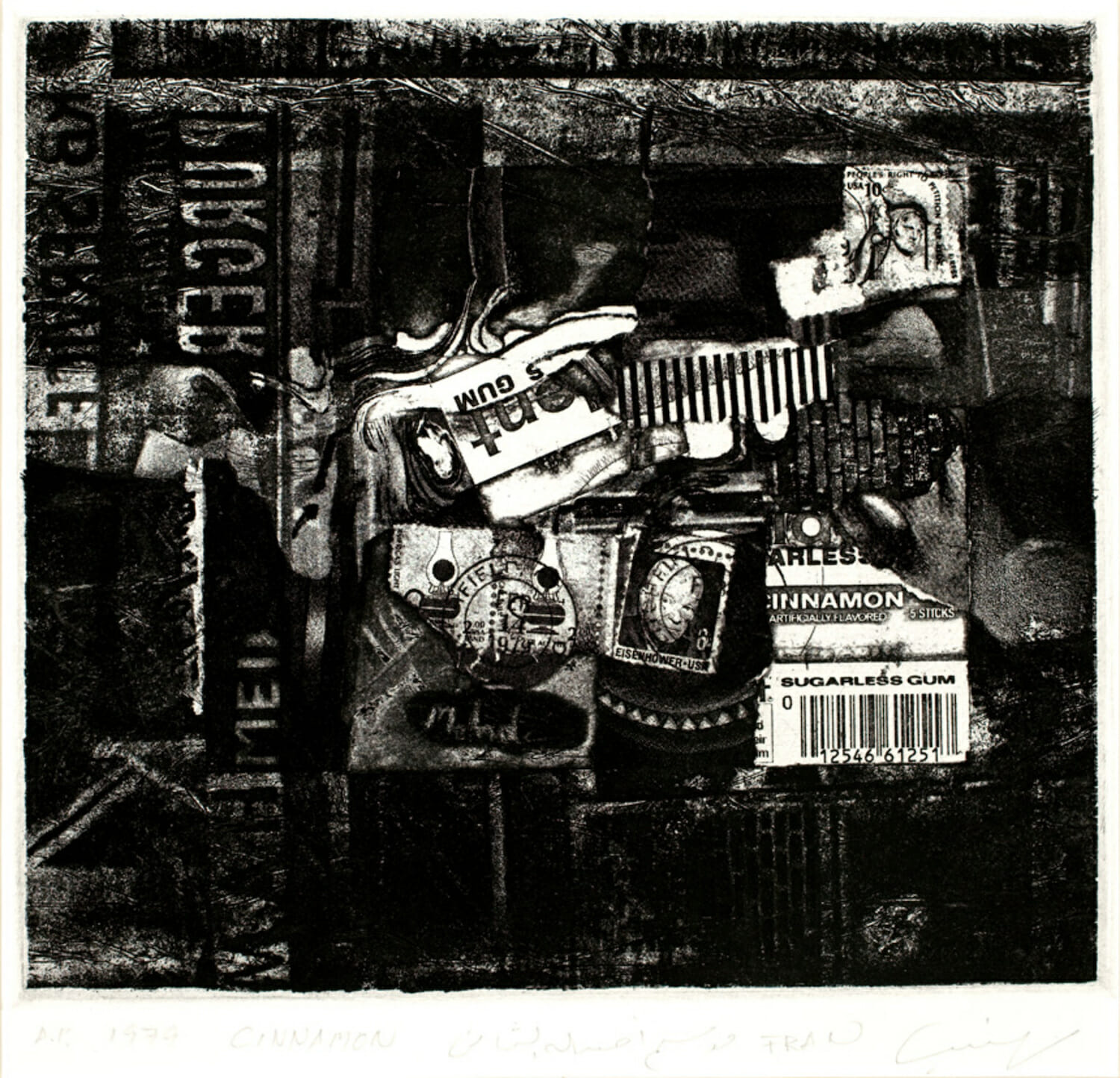 monochrome intaglio print that looks like a collage of stamps, torn pieces of paper, barcodes, gum wrappers, and more