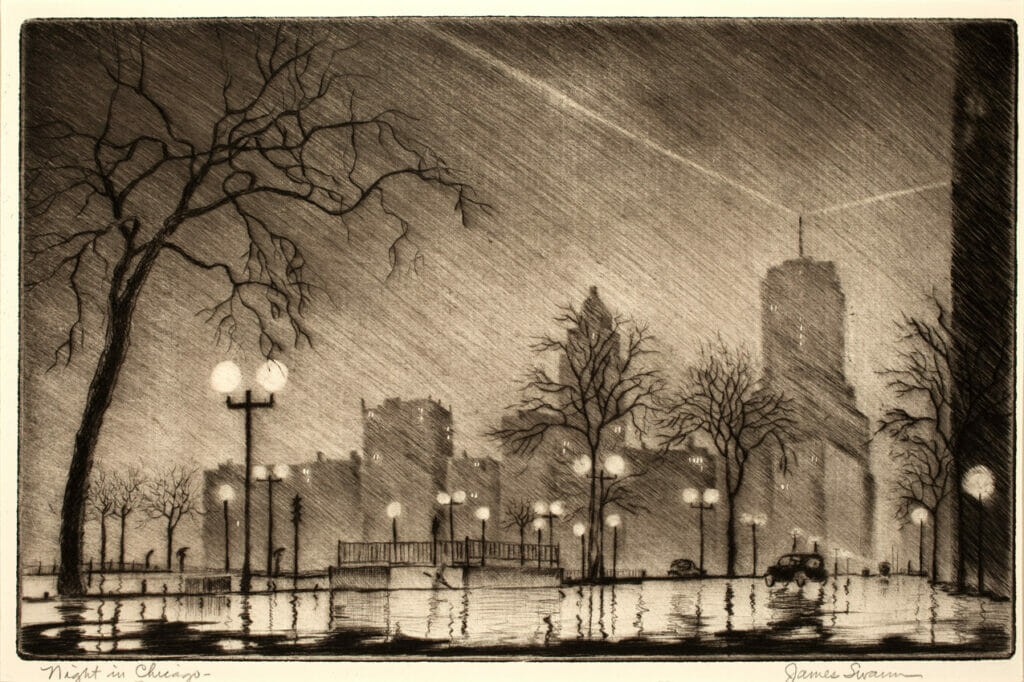 Night in Chicago. Artist: James Swann. Date: 1940. Medium: drypoint.