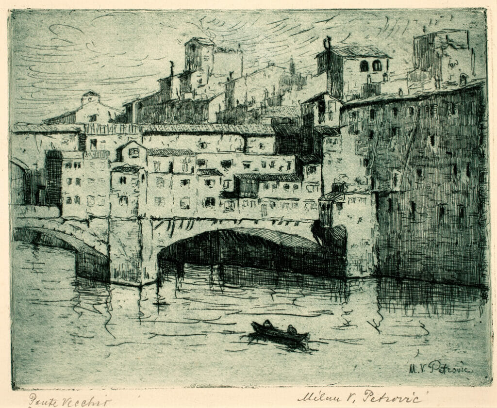 Ponte Vecchio. Artist: Milan V. Petrovic. Medium: etching.