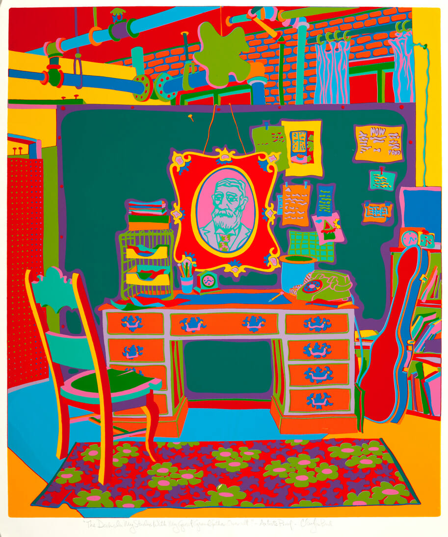 The Desk in My Studio with Great Grandfather Over It. Artist: Clayton Pond. Date: 1969. Medium: color screenprint.